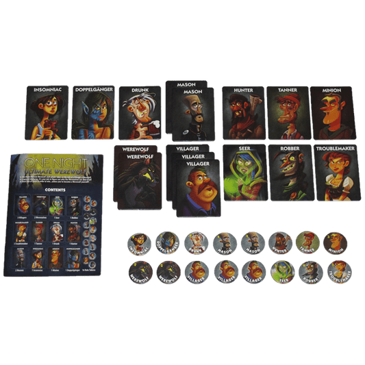 A set of board game components laid out on a white background, including character cards, a contents sheet, play money, and tokens. The cards feature illustrated characters such as Inshornac, Doppelganger, Drunk, Mason, Hunter, Tanner, Nidhon, Werewolf, Villager, Seer, Robber, and Troublemaker.