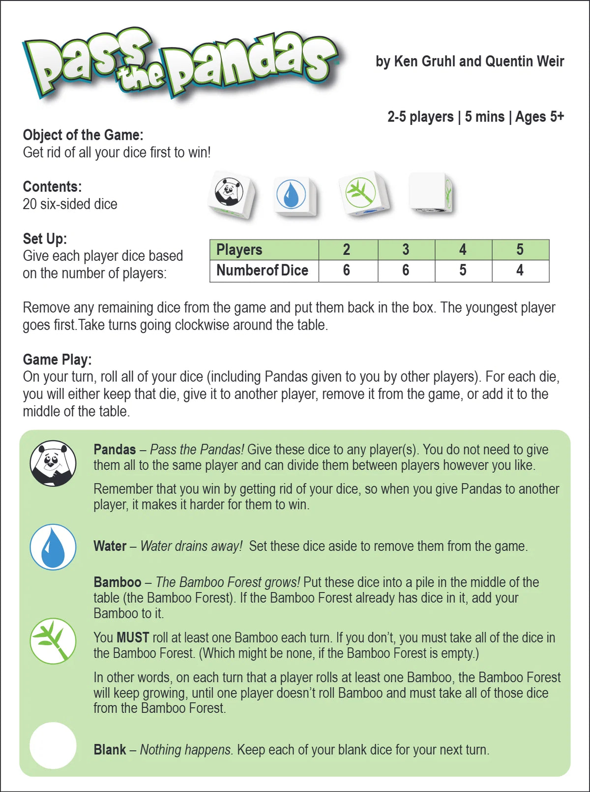 Pass the Pandas board game box by Playroom Entertainment, featuring a green bamboo forest design with illustrated panda characters and white dice showing panda and water icons.