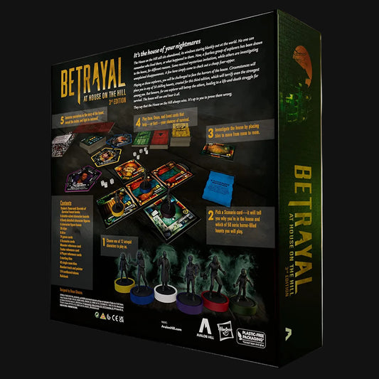 Board game box for 'Betrayal at House on the Hill' with game components and text.