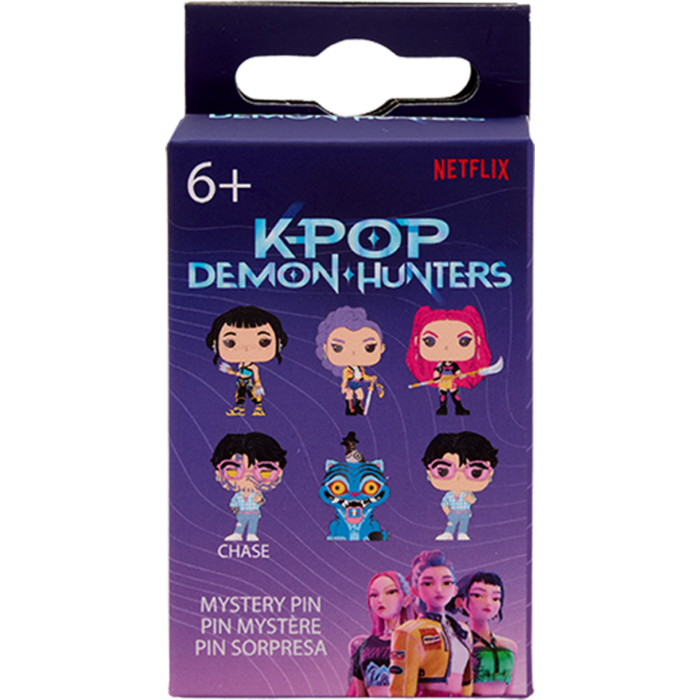 Netflix K-POP Demon Hunters Mystery Pin packaging box, featuring a dark purple background with character illustrations and the Netflix logo.