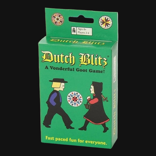 Dutch Blitz gothic-themed card game box in bright green with yellow title text and illustrated figures in black, red, and blue, shown on a plain white background.