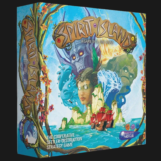 Board game box for 'Spirit Island' with fantasy characters and artwork.