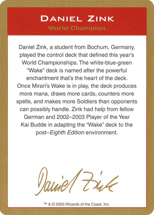 2003 Daniel Zink Biography Card