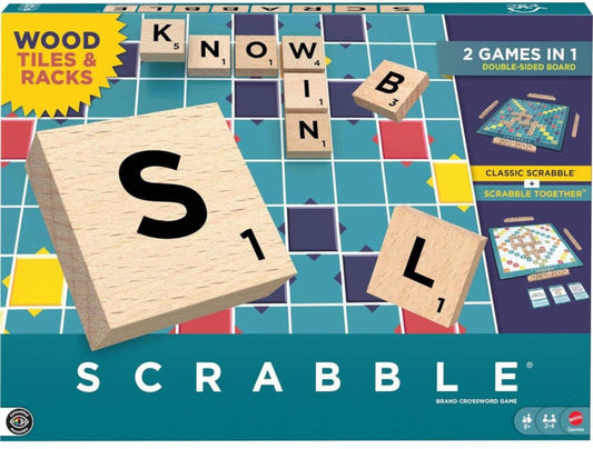 Scrabble game box with wooden tiles and rack on a colorful background