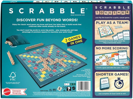 Scrabble board game packaging with text and images of the game components.