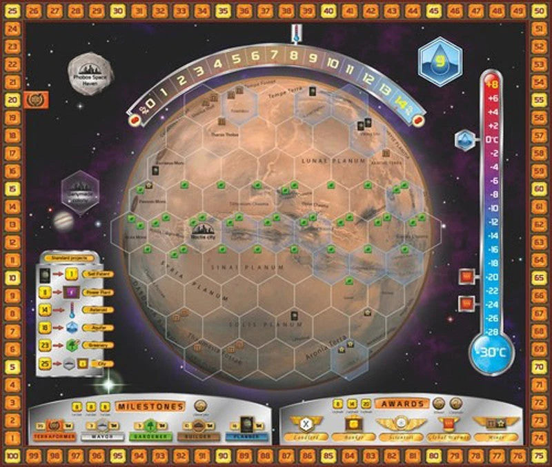 Board game component with hexagonal grid and player tokens on a space-themed background