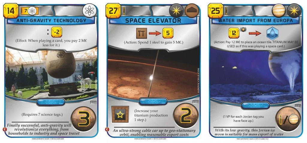 Three futuristic technology cards displayed side by side with various space-themed graphics.