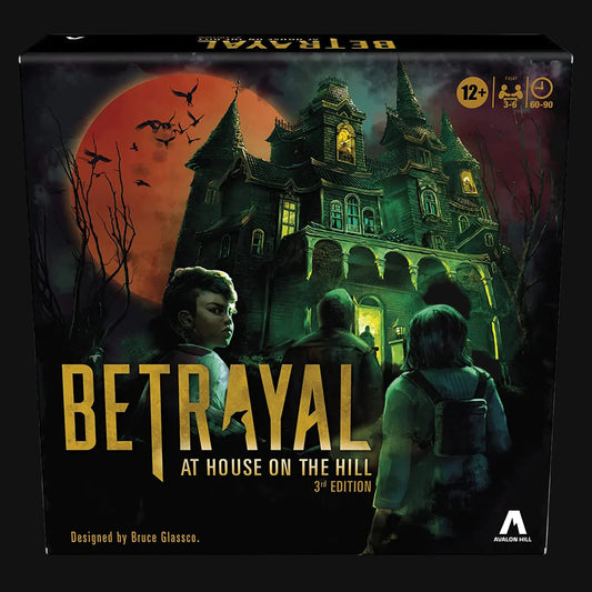 Board game box for 'Betrayal at House on the Hill' with a haunted house and moonlit scene.