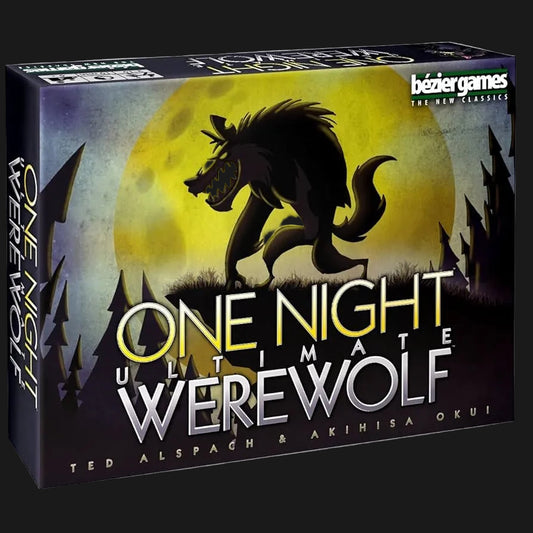 The board game box for 'One Night Ultimate Werewolf' by Bezer Games. The box art features a large black werewolf silhouette in front of a glowing yellow full moon, with dark trees on either side.