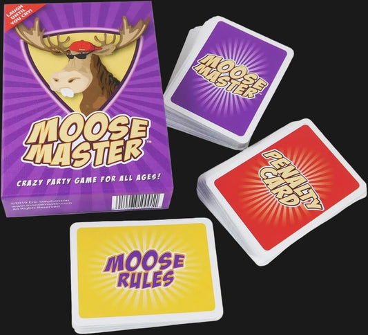 Card game set with 'Moose Master' packaging and cards on a white background
