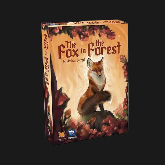 Board game box for 'The Fox in the Forest' by Joshua Bourgeon, featuring an illustration of a fox sitting on a rock amidst autumn leaves on a warm orange background.