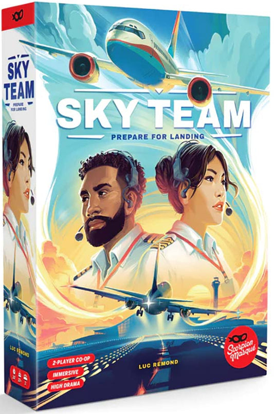 Board game box titled 'Sky Team' with airplane and pilot illustration