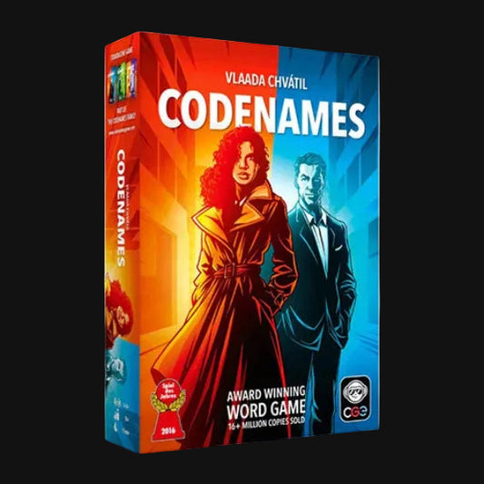Codenames game box with two characters on a white background