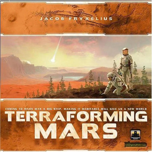 Board game box for 'Terraforming Mars' with astronauts and Martian landscape illustration.