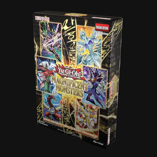 Yu-Gi-Oh! trading card game box with colorful monster illustrations on a black background