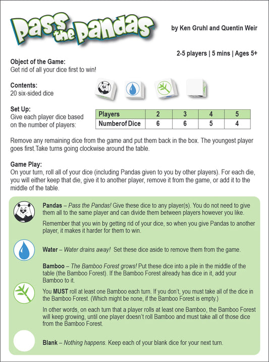 Pass the Pandas board game box by Playroom Entertainment, featuring a green bamboo forest design with illustrated panda characters and white dice showing panda and water icons.