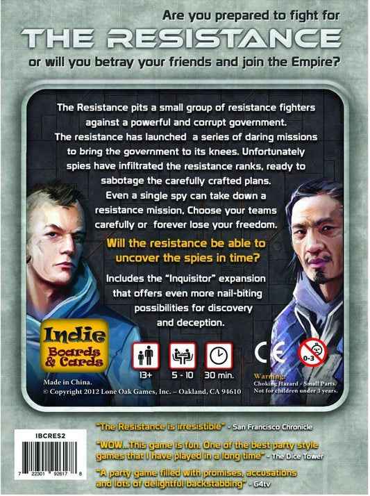 Game box for 'The Resistance' with character images and text on a gray background