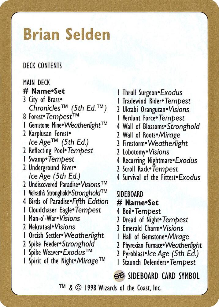 1998 Brian Selden Decklist Card