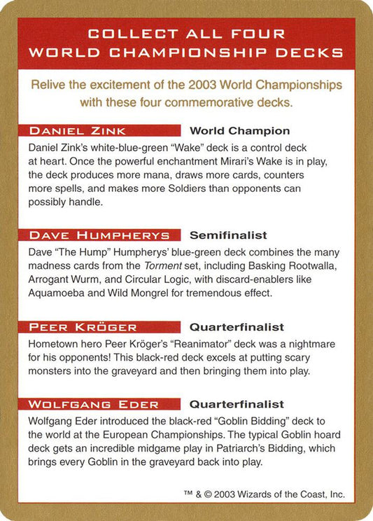 2003 World Championship Advertisement Card