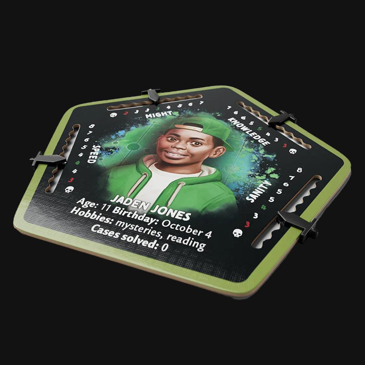 Character card with a young man in a green hoodie Jaden Jones
