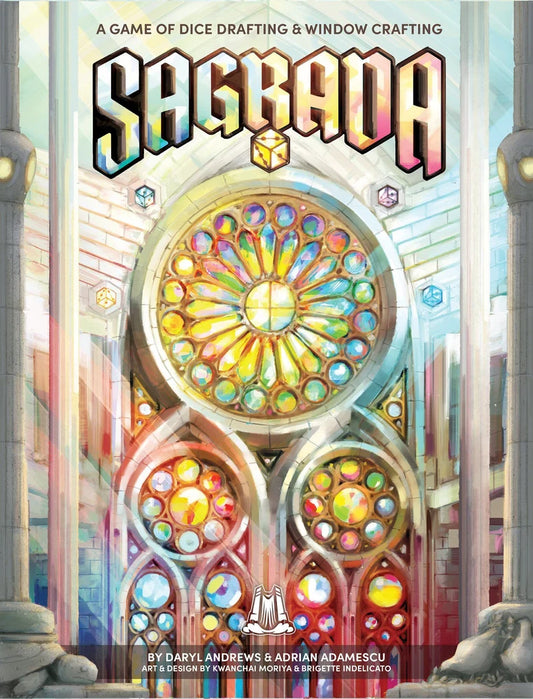 Front cover of the board game Sagrada, showing a large colorful stained-glass rose window in a cathedral-like setting. The title 'SAGrada' appears prominently at the top, with smaller text reading 'A Game of Dice Drafting & Window Crafting' and creator names at the bottom.