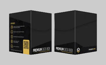 Two black premium deck boxes with gold text and a QR code on a white background.