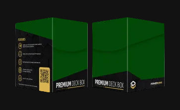 Two green premium deck boxes with black text and gold accents on a black background.