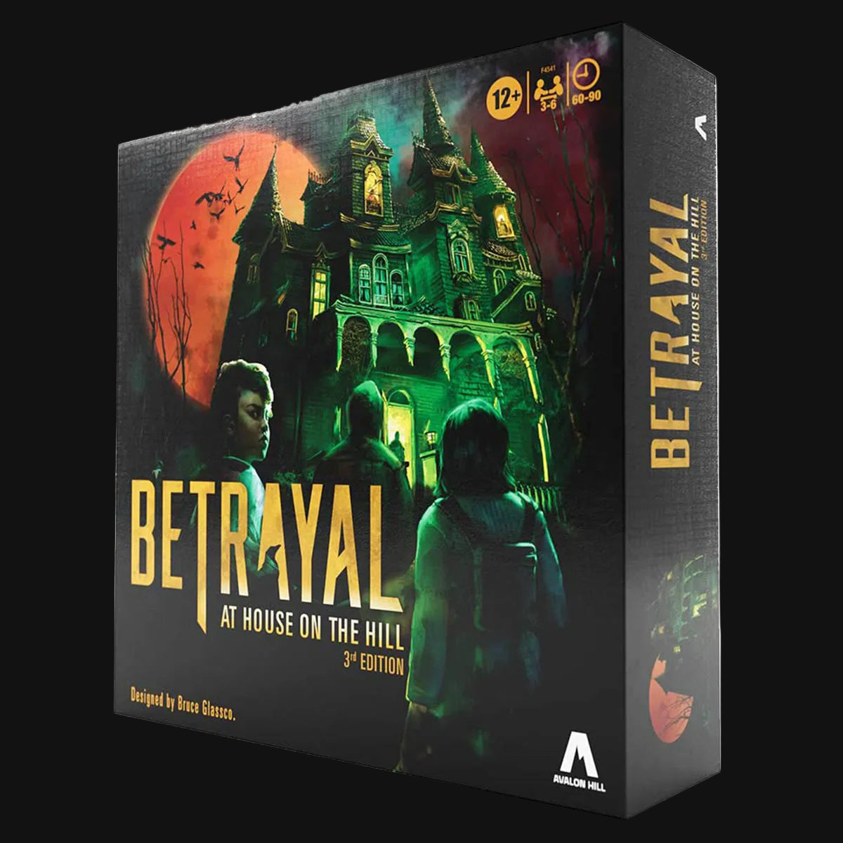 Board game box for 'Betrayal at House on the Hill' with a dark, eerie design.