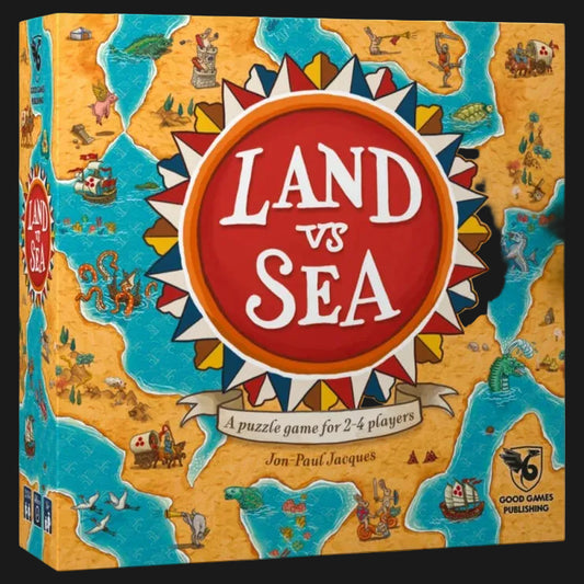 Front and side views of the board game box for Land vs Sea, featuring a colorful illustrated map with blue water and tan land, a large red central title badge, and Good Games Publishing branding.