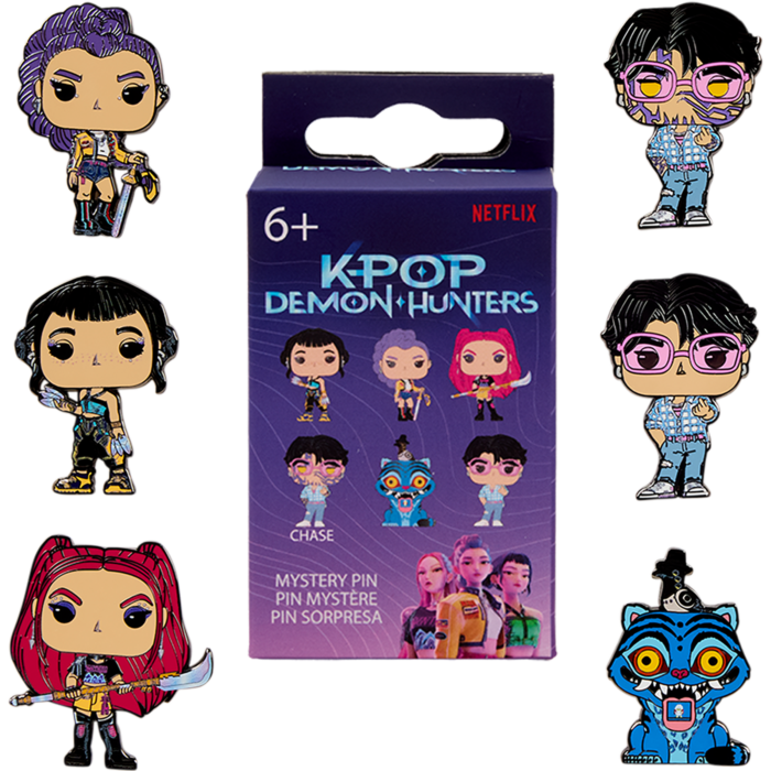 A boxed K-pop Demon Hunters mystery pin set shown in the center, surrounded by eight illustrated character pin designs on a plain white background. The package is purple with Netflix branding and the title 'K-POP DEMON HUNTERS,' and the surrounding pins show different stylized character options.
