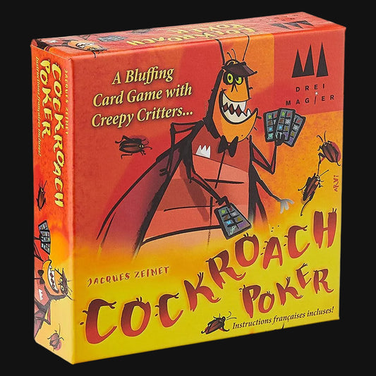 The packaging box of the board game 'Cockroach Poker' by Drei Magier, featuring a vibrant red and yellow gradient cover with an illustration of a creepy cockroach holding cards.