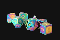 Colorful polyhedral dice set on a black background