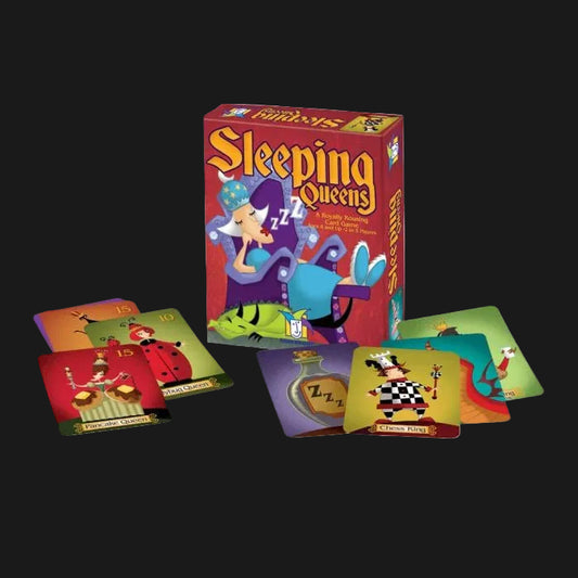 The board game 'Sleeping Queens' by Happy Families, shown with its red and purple box and several colorful illustrated cards fanned out in front